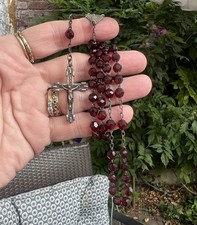 ANTIQUE ART NOUVEAU Garnet Glass ROSARY Virg Mary & ESTIBALIZ  Sterling Silver