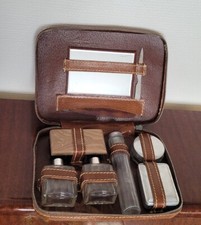 Vintage Nécessaire Trousse de Toilette Voyage Cuir Marron Complet Ancien