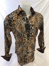 Hommes Premiere Boutonnière Manches Longues Robe Chemise Brun Animal Léopard 117