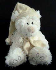 Q1. DOUDOU PELUCHE OURS blanc bonnet écharpe écru laine empreintes 19cm assis