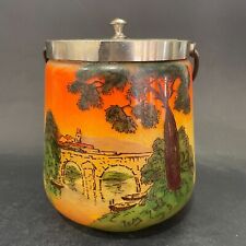 Pot à biscuits en verre peint émaillé, décor champêtre (H : 16 cm)
