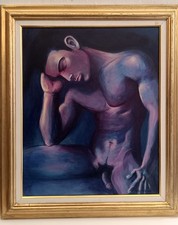 Tableau peinture  huile sur toile. Homme nu. Cadre 69 x 58 Cm Signé