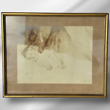 Antique "Sleep" By Artist Francine Charderon Sleeping Child Print ,frame 14"x12"