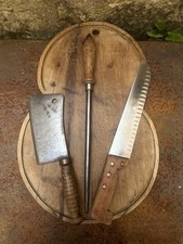 Ancienne planche découper billot boucher bois couteau cuisine Affûteur Feuille