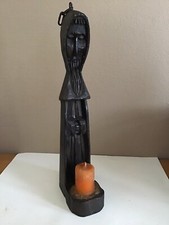 Petite statuette bois, porte bougie, représentant un moine.