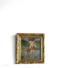 CADRE ANCIEN BOIS DORE PEINTURE HUILE "VACHE ET VEAU"