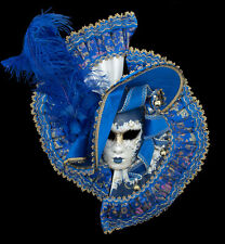 Grand Masque de Venise Visage femme Eventail chapeau bleu à plumes - 63 cm  - 61