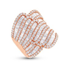 Diamants Baguette Cocktail Bague 18K or Rose Taille 5 Wide Concave 3.63CT Nature