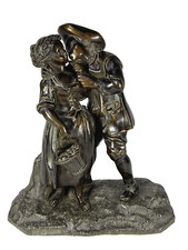 SCULPTURE COUPLE DE PAYSANS GALANTS. BRONZE PATINÉ XIXème 21 cm de haut