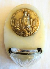 Bénitier ancien en bronze et verre sur onyx, signé  - à accrocher