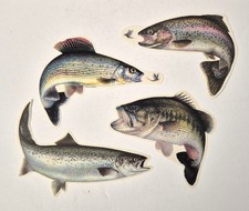 Lot de 4 magnifiques stickers, pour pêche au moulinet et leurres anciens.