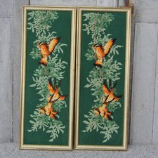 Vintage French Birds Swallows Long Framed Completed Needlepoints