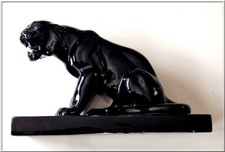 ART DECO SCULPTURE PANTHERE NOIRE ASSISE Céramique Emaillée
