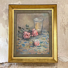 Ancien Tableau Peinture Huile sur Toile - Nature Morte aux Roses - Art Lorrain