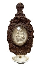 Bénitier Ancien Stuc Patiné Façon Bois Médaillon XIX ème Siècle Antique Stoup