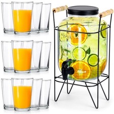 Distributeur Boissons Verre 4,2L avec Robinet Support + 12 Verres 200ml Set
