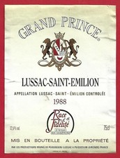 124-52 Etiquette BORDEAUX LUSSAC-ST EMILION 1988 Grand Prince Product. réunis