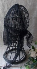 ANCIEN CHALE FOULARD NOIR DENTELLE MOUSSELINE SHABBY