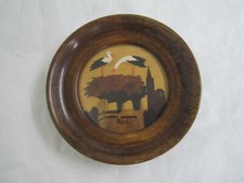 CADRE MINIATURE ROND MARQUETERIE CIGOGNES DANS LEUR NID ALSACE SIGNE RODI