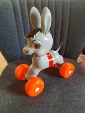 ANCIEN JOUET ÂNE A TIRER SUR ROULETTES PLASTIQUE 