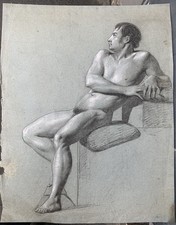 Dessin Ancien Académique Pierre Noire Portrait Nu Masculin Assis XVIIIe-XIXe