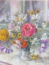 Tableau Bouquet de fleurs tapis huile toile Hélène Rivière Toulouse Henri Martin