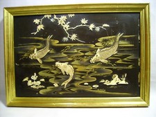 ANCIEN CADRE TABLEAU DECOR POISSONS KOI PANNEAU LAQUE NOIRE DOREE INCRUSTATION
