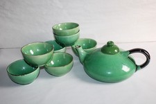 Ensemble théière et 7 bols en céramique Terre de Provence DIEULEFIT, vert, 1980