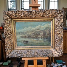 Tableau ancien XIXe huile sur bois signé, paysage réaliste gilt frame painting