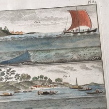 Gravure XVIIIè La Pêche aux Filets Benard 1793 Encyclopédie Diderot Aquarellée