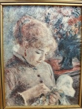 Petite Huile Sur Toile La Couturière Par Renoir,Reproduction,Cadre Doré 17x14cm.