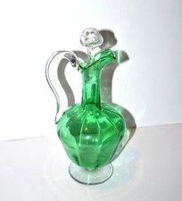 Carafe canette en cristal à côtes vénitiennes couleur vert - pichet à vin ancien