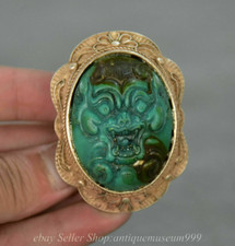 2.2" Old China Silver Inlay Turquoise Dynasty Beast Face buckle belt fastener