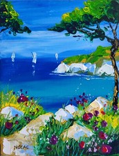 Tableau original de Nolac 18x14 cm Paradis provençal- au couteau - mer