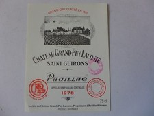 étiquette ancienne VIN CHÂTEAU GRAND-PUY-LACOSTE   1978 SAINT-GUIRONS grand cru