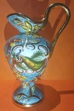 Vase Signé H. Bequet Quaregnon Poterie Aiguière Bleu Florale & Bord Dorée N’ 316