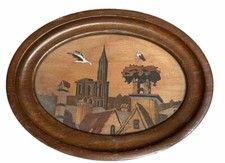 Tableau Ovale en PYROGRAVURE décor Cigognes Paysage d'Alsace Signé REVIOL