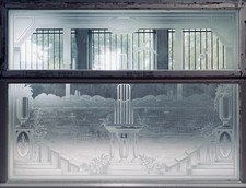 Panneau en verre gravé a décor d'une fontaine  XX siècle