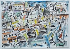 "Le Pont Neuf ",encre et gouache sur papier  24/34cms