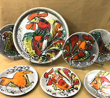 service à dessert faïence signé GEHEL plat à tarte + 6 assiettes style Vallauris