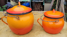 lot de 2 pots chaudrons marmite tôle émaillée orange vintage 2 tailles