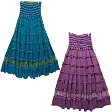 Jupe évasée longue en dentelle et tricot en coton violet bleu bohème