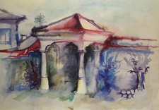 Tableau aquarelle vintage maison paysage