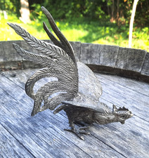 coq combattant en métal argentée - pièce vintage 14 cm