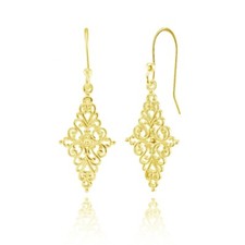 Or Jaune Flash 925 Argent Losange Filigrane Poli Boucles D'Oreilles Pendantes