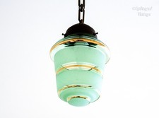 Green Frosted Glass & Brass 1930s Ceiling Pendant French Lantern Light Fixture