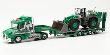 HERPA, SCANIA Goldhofer 4x2 avec porte engin 3 essieux et chargeuse sur pneus...