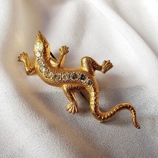 Broche Vintage Laiton Doré Strass Salamandre Gecko Provence L60x30mm