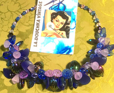 FRENCH 1950s FRUITS & LEAVES NECKLACE~CARVED BEADS~BLUE / PINK / AURORA BOREALIS