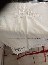 DRAP EN  LIN ancien MONOGRAMME LARGE DENTELLE 300 X 210